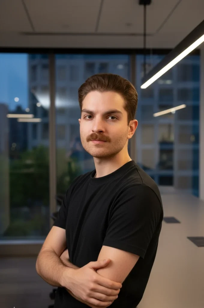 A man with a mustache and short hair stands indoors with his arms crossed, wearing a black t-shirt, in front of large windows overlooking city buildings.